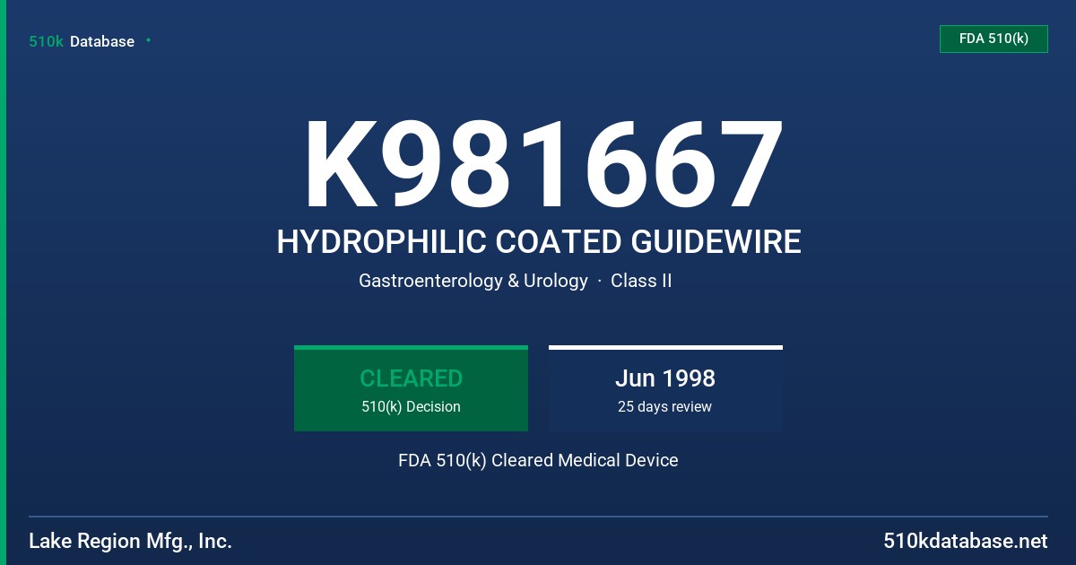 K981667 HYDROPHILIC COATED GUIDEWIRE FDA 510(k) Cleared Medical Device