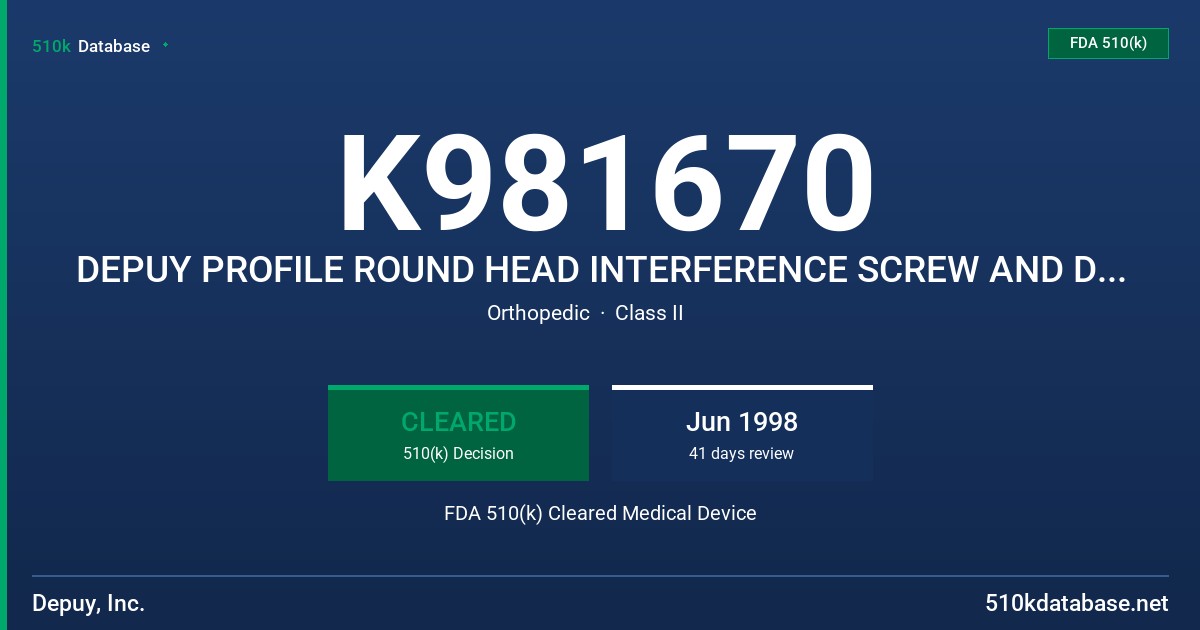 K981670 DEPUY PROFILE ROUND HEAD INTERFERENCE SCREW AND DEPUY PHANTOM RESORBABLE INTERFERENCE SCREW FDA 510(k) Cleared Medical Device