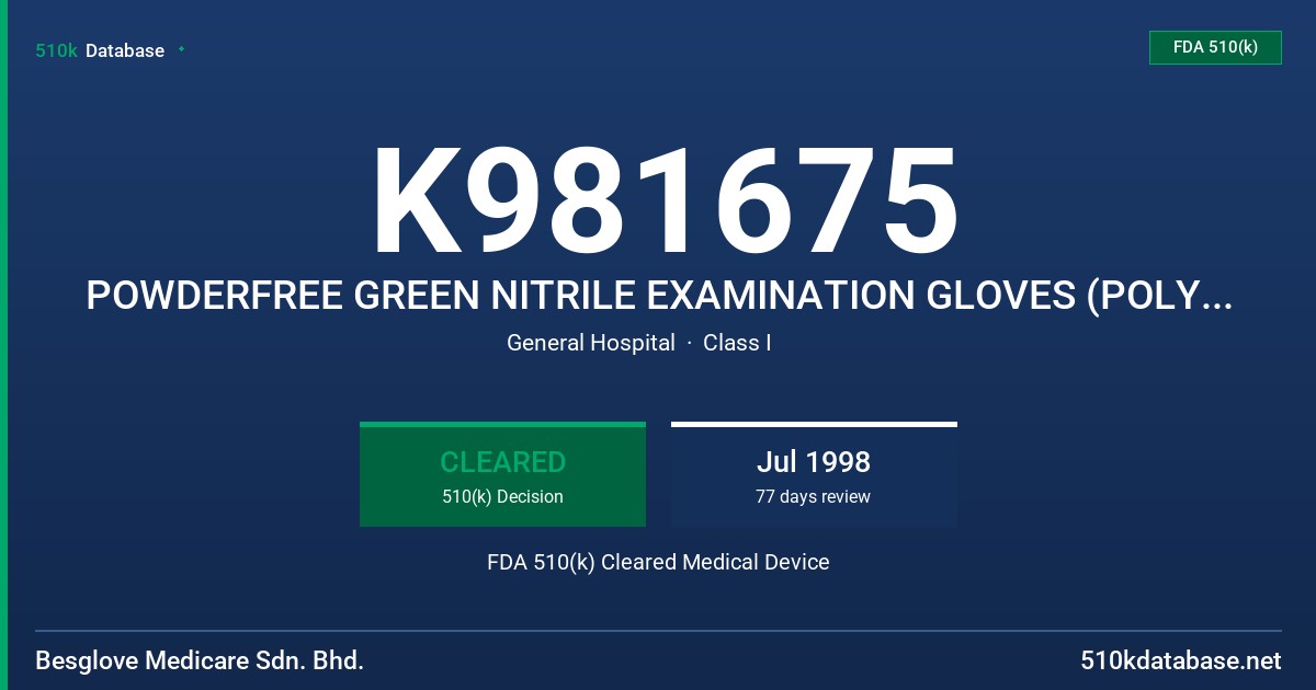 K981675 POWDERFREE GREEN NITRILE EXAMINATION GLOVES (POLYMER COATED) FDA 510(k) Cleared Medical Device