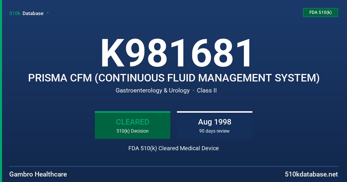 K981681 PRISMA CFM (CONTINUOUS FLUID MANAGEMENT SYSTEM) FDA 510(k) Cleared Medical Device