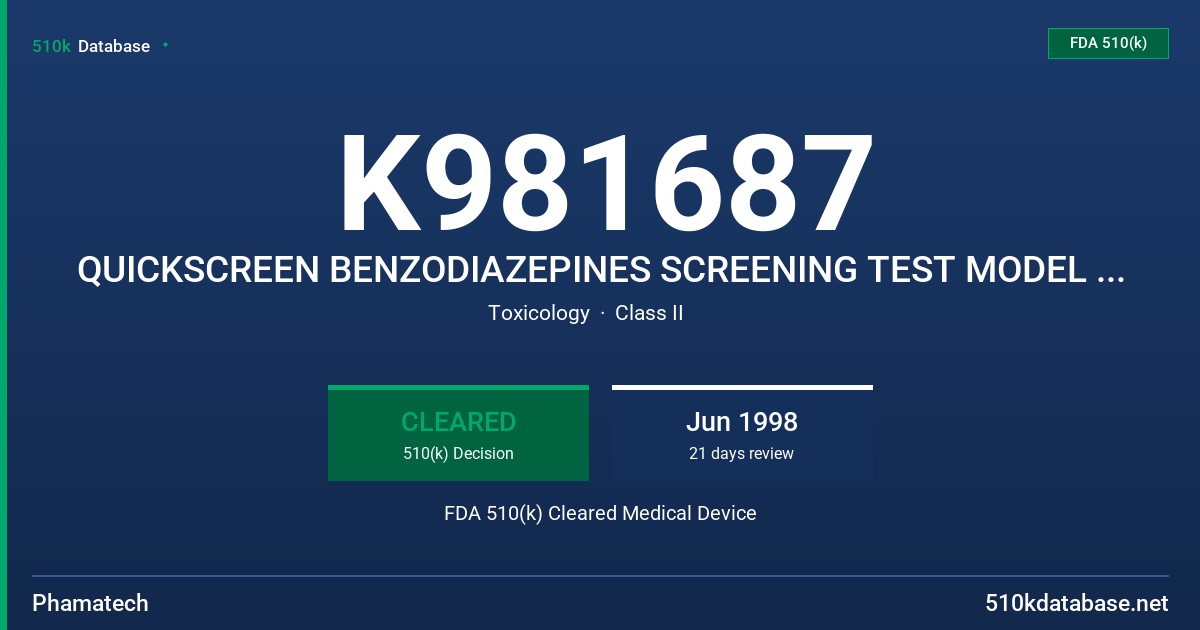 K981687 QUICKSCREEN BENZODIAZEPINES SCREENING TEST MODEL NUMBERS 9025,9026 AND QUICKSCREEN PRO MULTI DRUG SCREENING TEST MODEL 1 FDA 510(k) Cleared Medical Device