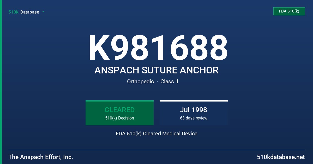 K981688 ANSPACH SUTURE ANCHOR FDA 510(k) Cleared Medical Device