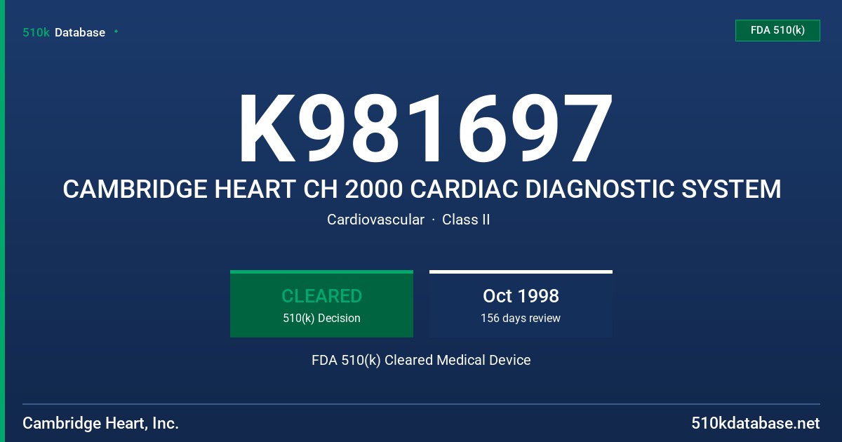 K981697 CAMBRIDGE HEART CH 2000 CARDIAC DIAGNOSTIC SYSTEM FDA 510(k) Cleared Medical Device