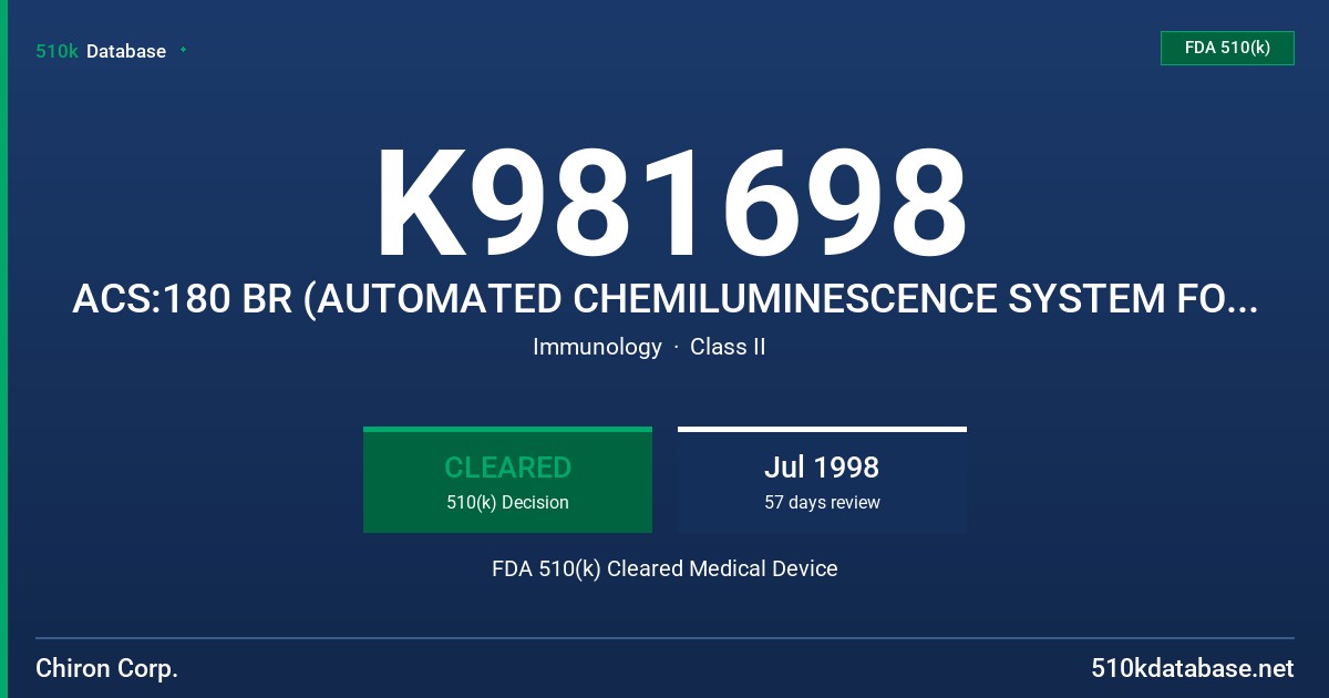 K981698 ACS:180 BR (AUTOMATED CHEMILUMINESCENCE SYSTEM FOR THE QUANTITATION OF CANCER ANTIGEN 27.29) FDA 510(k) Cleared Medical Device