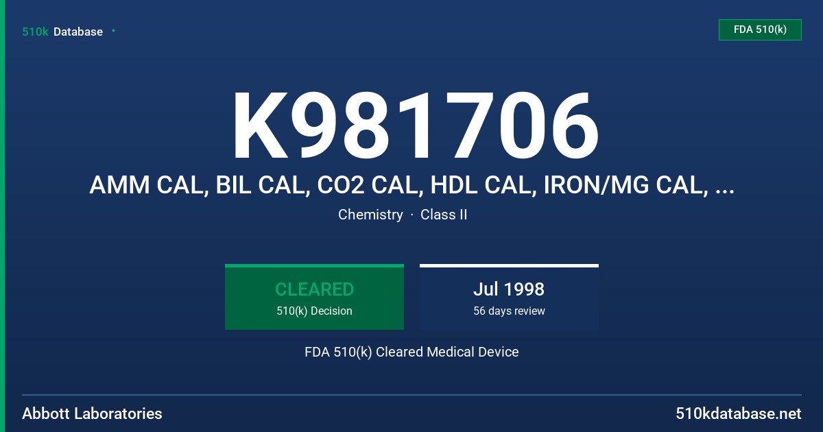 K981706 AMM CAL, BIL CAL, CO2 CAL, HDL CAL, IRON/MG CAL, LDL CAL, MC CAL, UPRO CAL, AND ISE CALIBRATOR LEVELS 1 AND 2 FDA 510(k) Cleared Medical Device