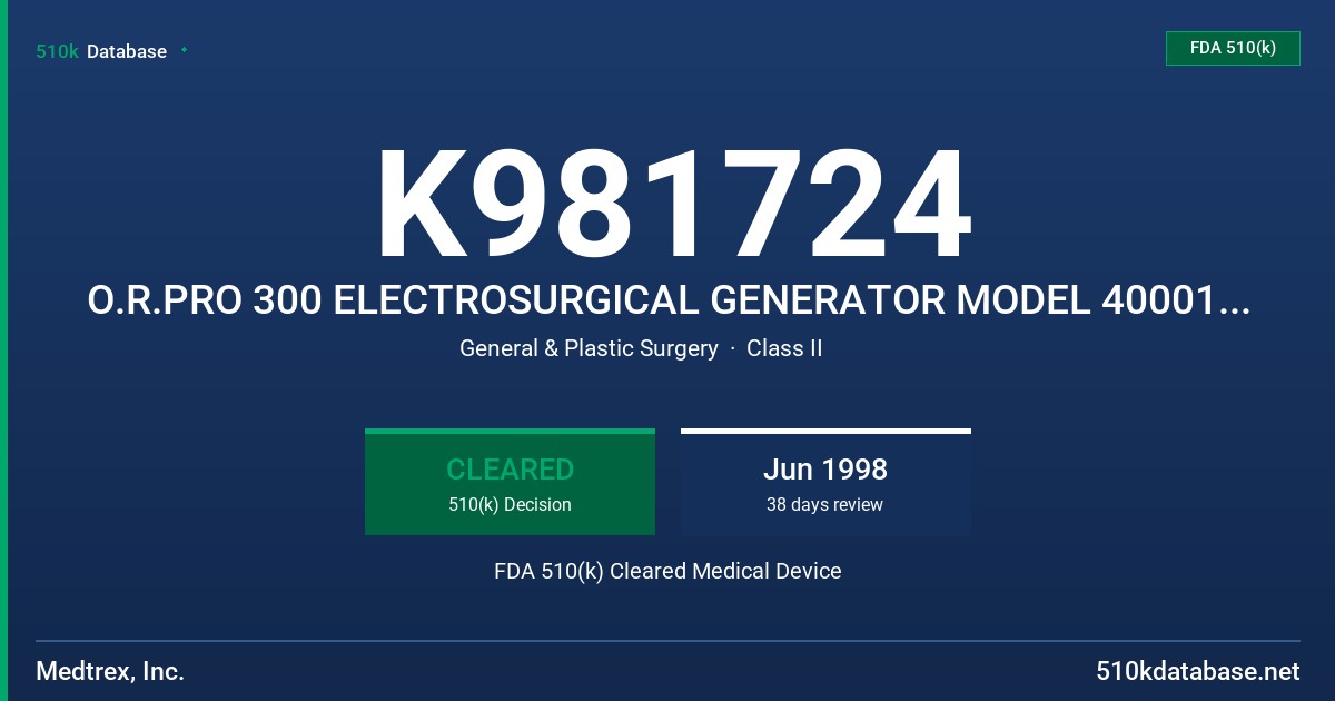 K981724 O.R.PRO 300 ELECTROSURGICAL GENERATOR MODEL 40001-100 FDA 510(k) Cleared Medical Device