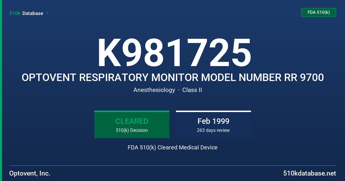 K981725 OPTOVENT RESPIRATORY MONITOR MODEL NUMBER RR 9700 FDA 510(k) Cleared Medical Device