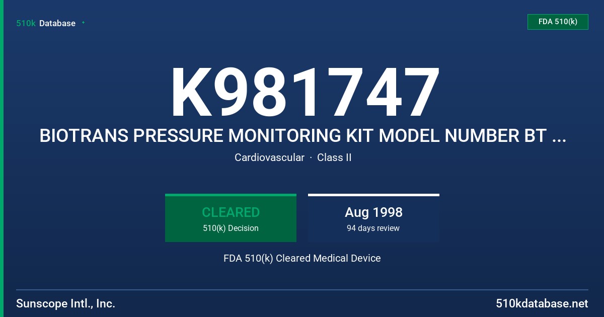 K981747 BIOTRANS PRESSURE MONITORING KIT MODEL NUMBER BT XXXXXX FDA 510(k) Cleared Medical Device