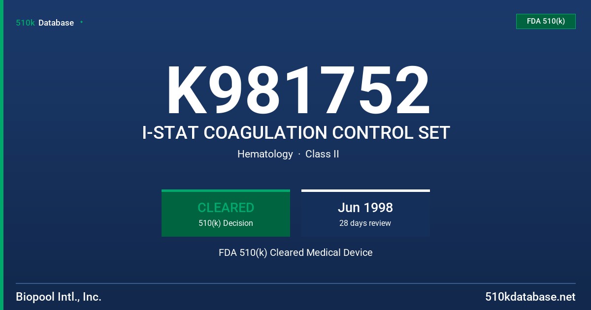 K981752 I-STAT COAGULATION CONTROL SET FDA 510(k) Cleared Medical Device