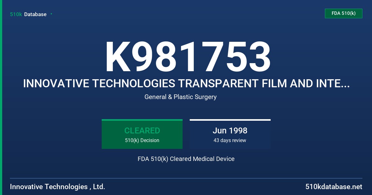 K981753 INNOVATIVE TECHNOLOGIES TRANSPARENT FILM AND INTELLIGENT FILM WOUND DRESSING FDA 510(k) Cleared Medical Device