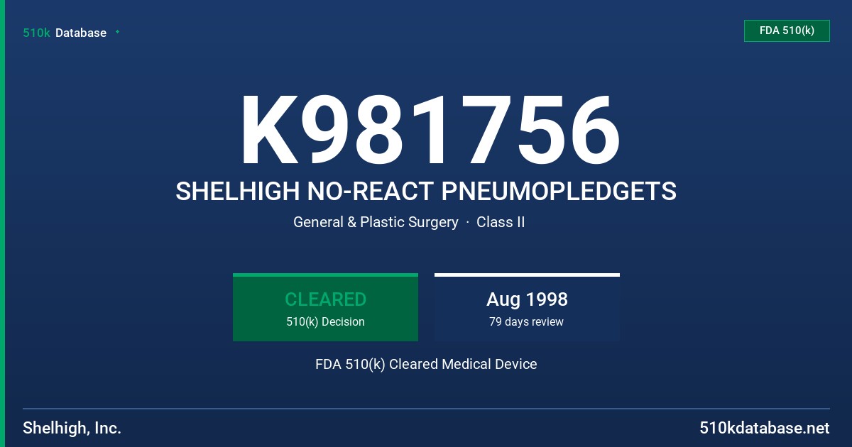 K981756 SHELHIGH NO-REACT PNEUMOPLEDGETS FDA 510(k) Cleared Medical Device