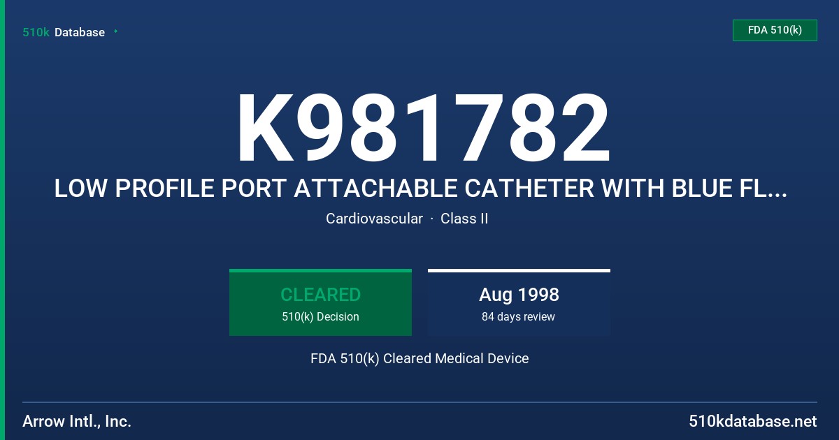K981782 LOW PROFILE PORT ATTACHABLE CATHETER WITH BLUE FLEX TIP / 8FR. INRODUCER KIT IMPLANTABLE VASCULAR ACCESS SYSTEM FDA 510(k) Cleared Medical Device