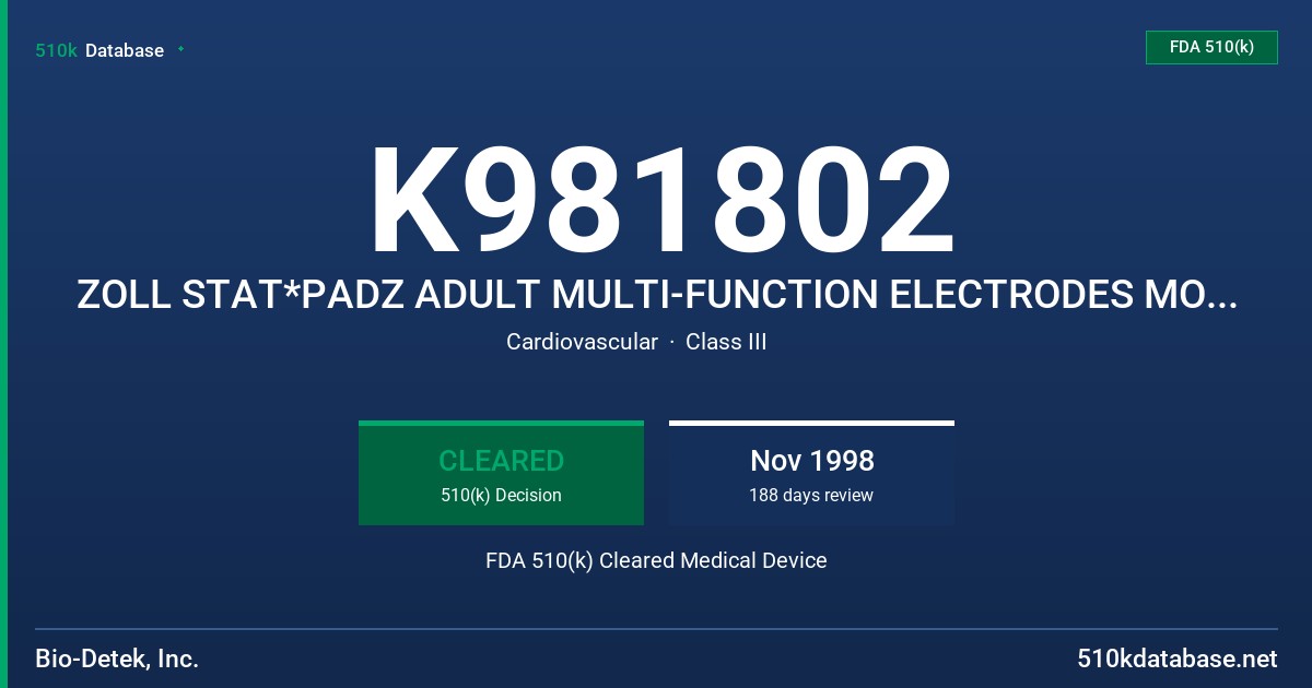 K981802 ZOLL STAT*PADZ ADULT MULTI-FUNCTION ELECTRODES MODEL NUMBER 8900-4003 FDA 510(k) Cleared Medical Device