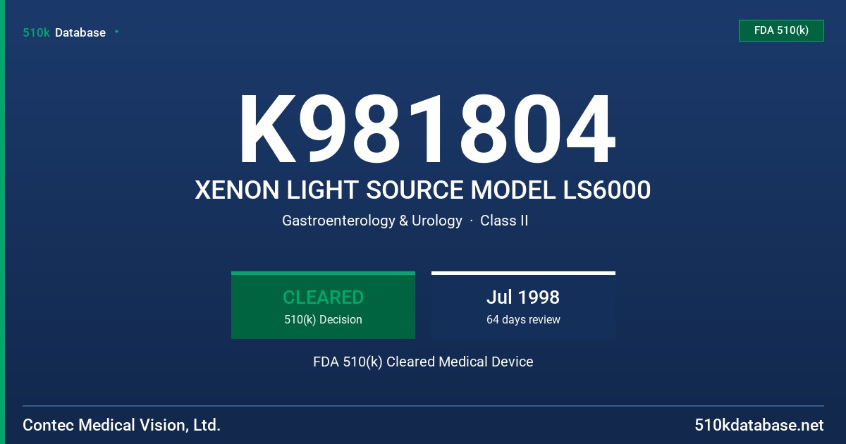 K981804 XENON LIGHT SOURCE MODEL LS6000 FDA 510(k) Cleared Medical Device