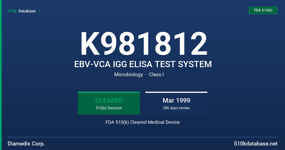 K981812 EBV-VCA IGG ELISA TEST SYSTEM FDA 510(k) Cleared Medical Device