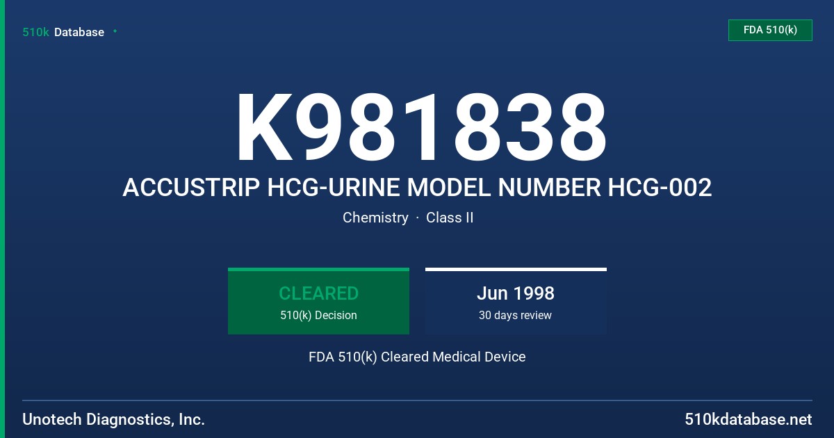 K981838 ACCUSTRIP HCG-URINE MODEL NUMBER HCG-002 FDA 510(k) Cleared Medical Device