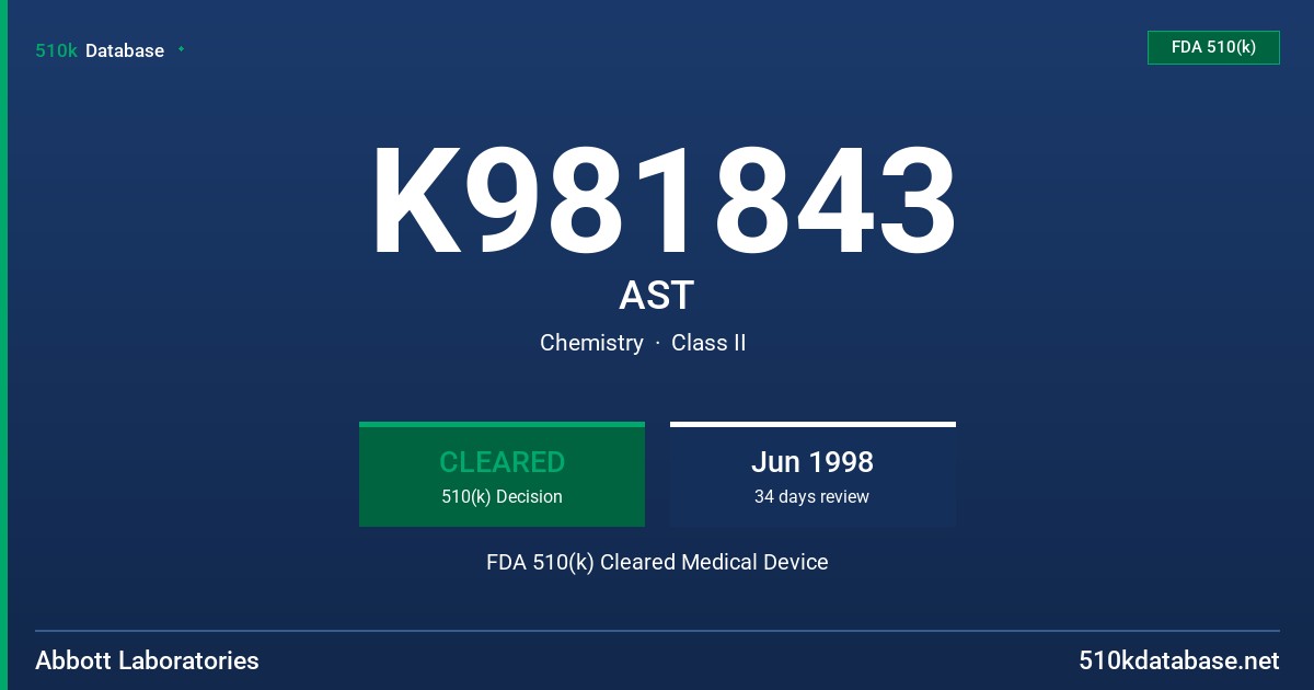 K981843 AST FDA 510(k) Cleared Medical Device
