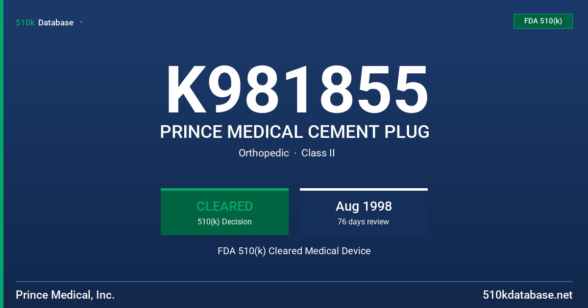 K981855 PRINCE MEDICAL CEMENT PLUG FDA 510(k) Cleared Medical Device