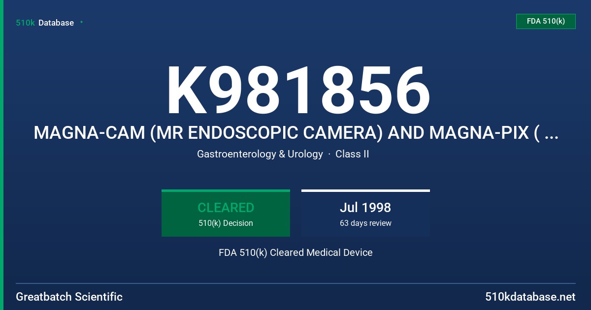 K981856 MAGNA-CAM (MR ENDOSCOPIC CAMERA) AND MAGNA-PIX ( MR COLOR VIDEO MONITOR) FDA 510(k) Cleared Medical Device