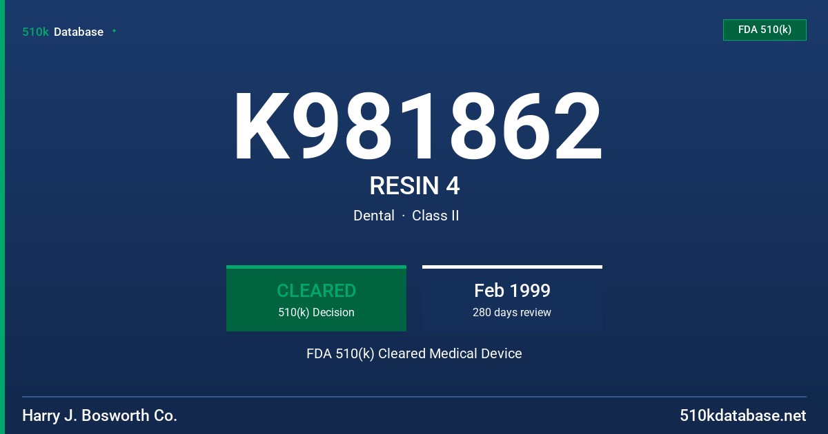 K981862 RESIN 4 FDA 510(k) Cleared Medical Device