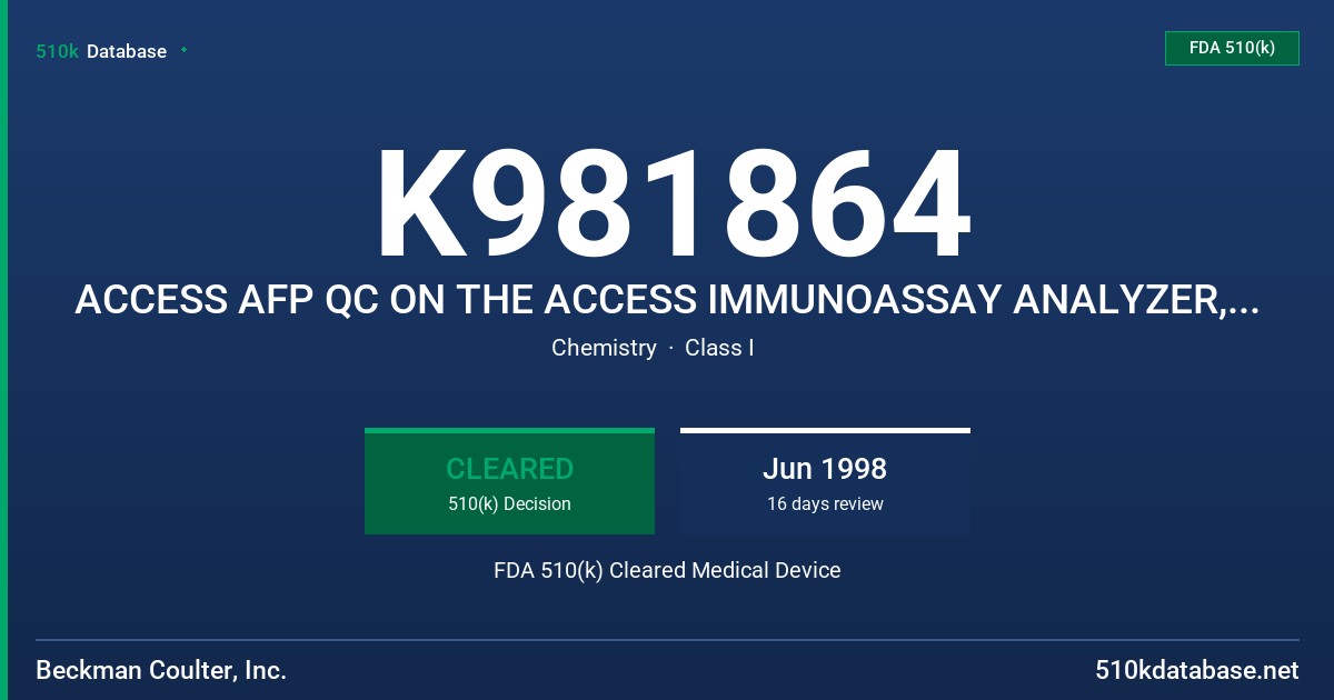 K981864 ACCESS AFP QC ON THE ACCESS IMMUNOASSAY ANALYZER, MODEL NUMBER 33219 FDA 510(k) Cleared Medical Device