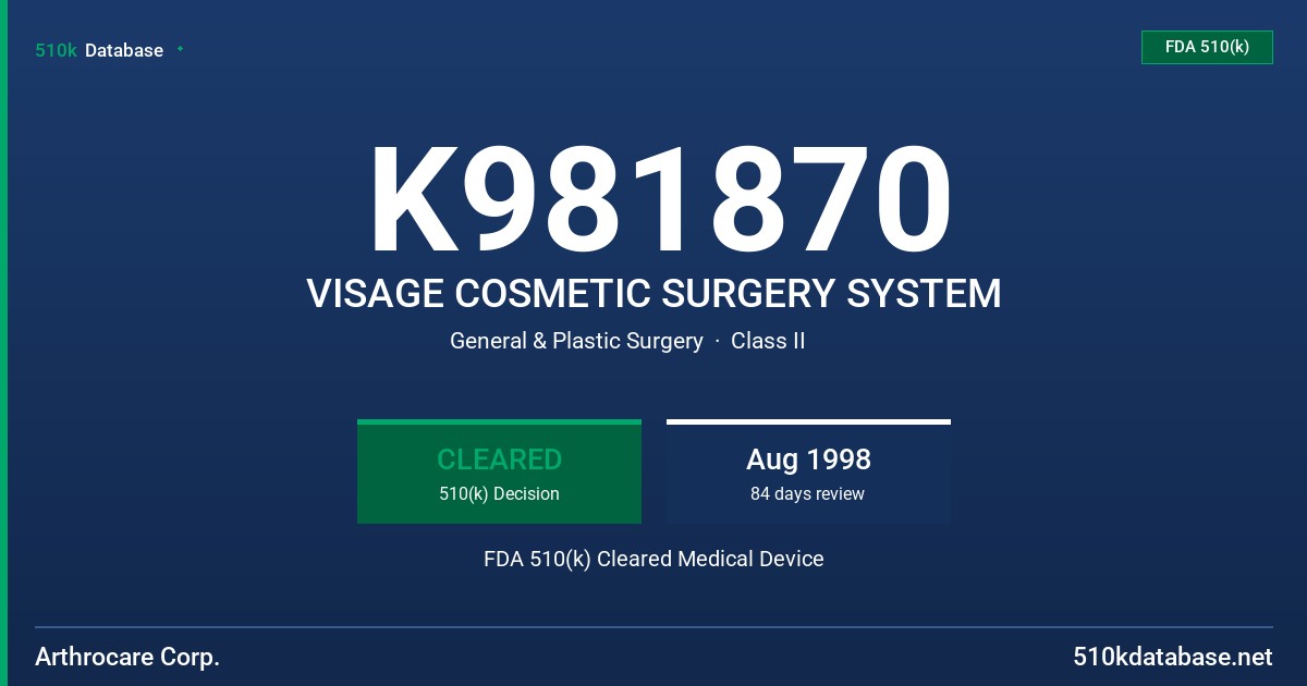 K981870 VISAGE COSMETIC SURGERY SYSTEM FDA 510(k) Cleared Medical Device