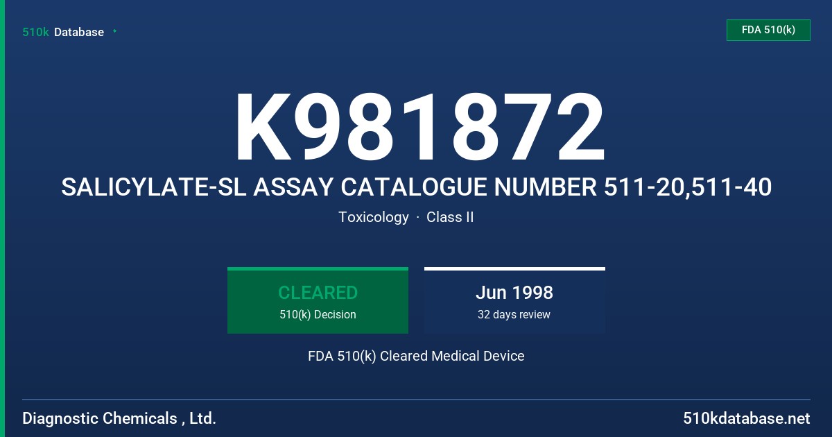 K981872 SALICYLATE-SL ASSAY CATALOGUE NUMBER 511-20,511-40 FDA 510(k) Cleared Medical Device