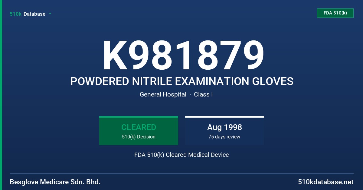 K981879 POWDERED NITRILE EXAMINATION GLOVES FDA 510(k) Cleared Medical Device