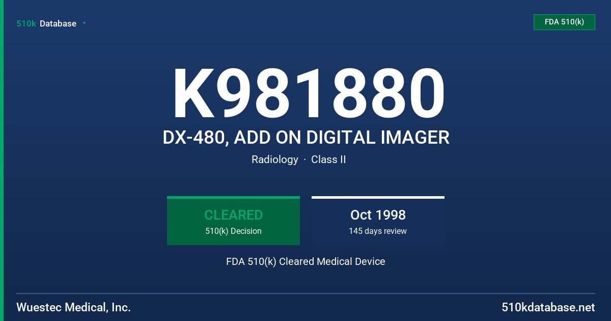 K981880 DX-480, ADD ON DIGITAL IMAGER FDA 510(k) Cleared Medical Device