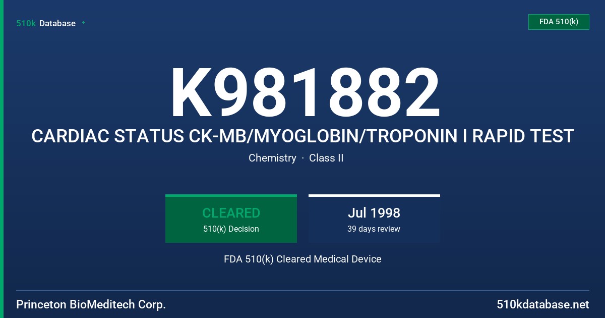 K981882 CARDIAC STATUS CK-MB/MYOGLOBIN/TROPONIN I RAPID TEST FDA 510(k) Cleared Medical Device