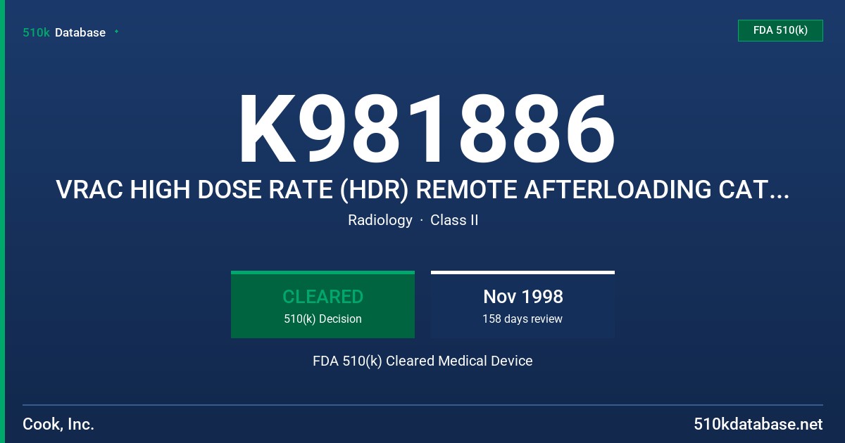 K981886 VRAC HIGH DOSE RATE (HDR) REMOTE AFTERLOADING CATHETER FDA 510(k) Cleared Medical Device