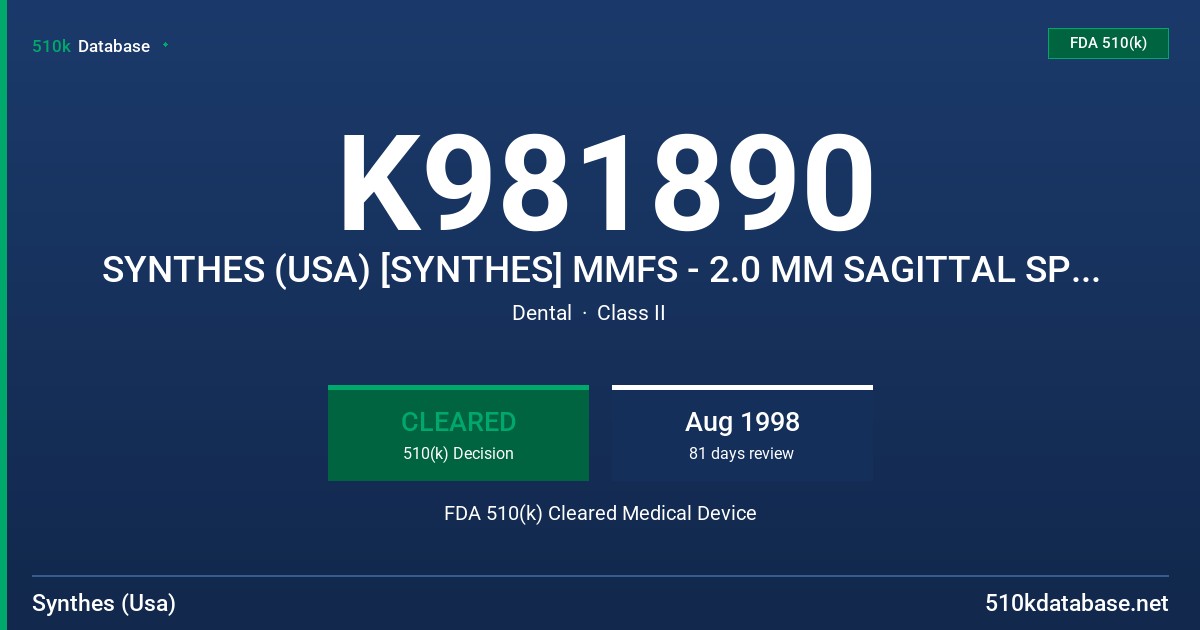 K981890 SYNTHES (USA) [SYNTHES] MMFS - 2.0 MM SAGITTAL SPLIT PLATES FDA 510(k) Cleared Medical Device