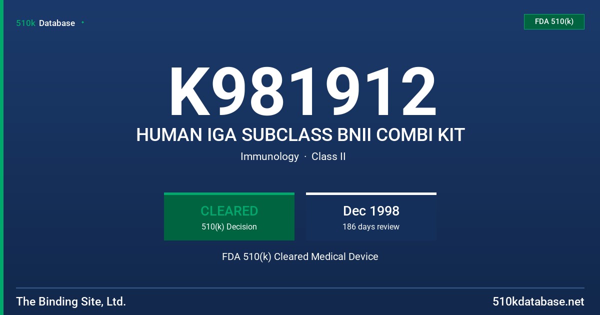 K981912 HUMAN IGA SUBCLASS BNII COMBI KIT FDA 510(k) Cleared Medical Device