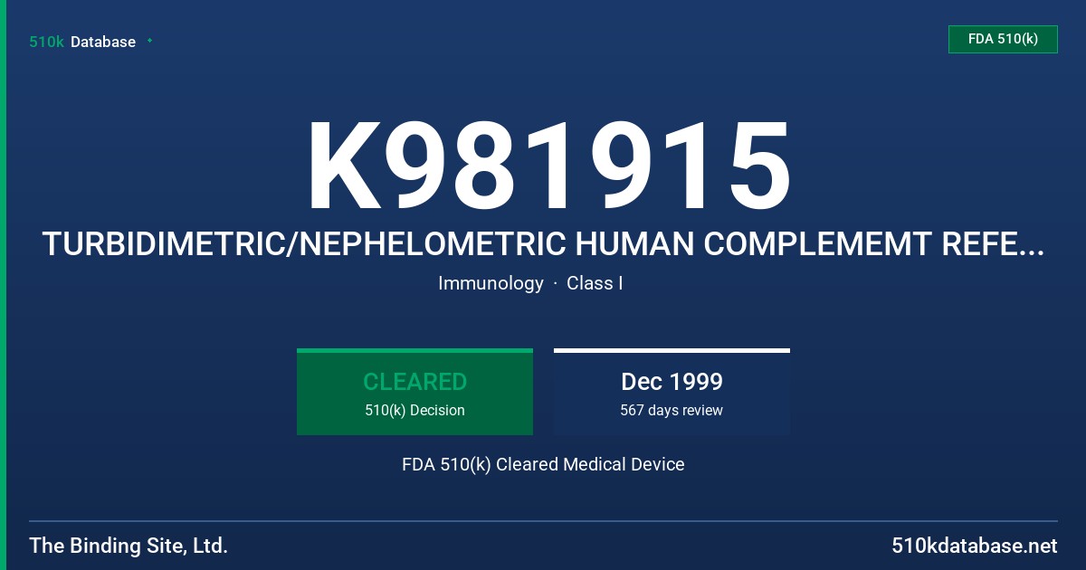 K981915 TURBIDIMETRIC/NEPHELOMETRIC HUMAN COMPLEMEMT REFERENCE PREPARATION FDA 510(k) Cleared Medical Device