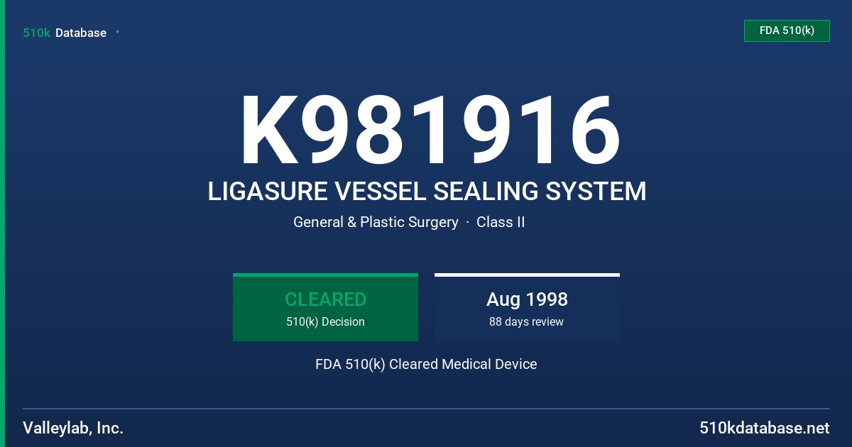 K981916 LIGASURE VESSEL SEALING SYSTEM FDA 510(k) Cleared Medical Device