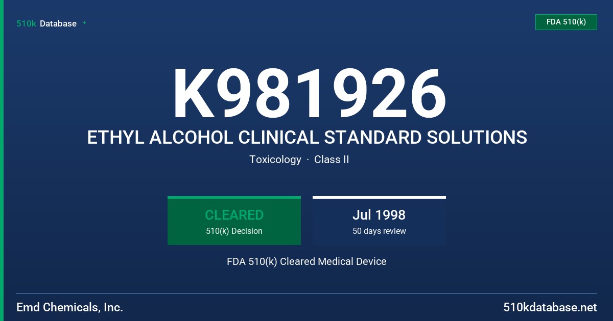 K981926 ETHYL ALCOHOL CLINICAL STANDARD SOLUTIONS FDA 510(k) Cleared Medical Device