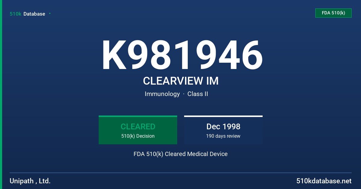 K981946 CLEARVIEW IM FDA 510(k) Cleared Medical Device