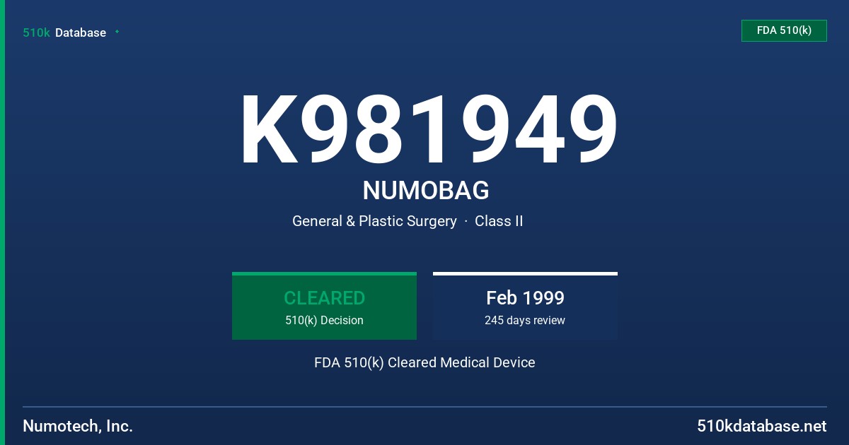 K981949 NUMOBAG FDA 510(k) Cleared Medical Device
