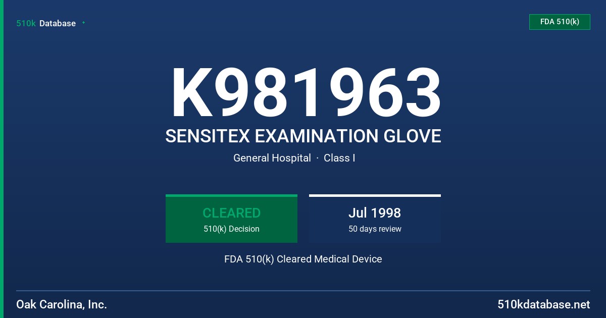 K981963 SENSITEX EXAMINATION GLOVE FDA 510(k) Cleared Medical Device