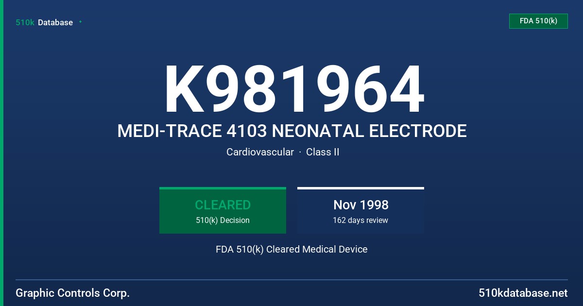 K981964 MEDI-TRACE 4103 NEONATAL ELECTRODE FDA 510(k) Cleared Medical Device