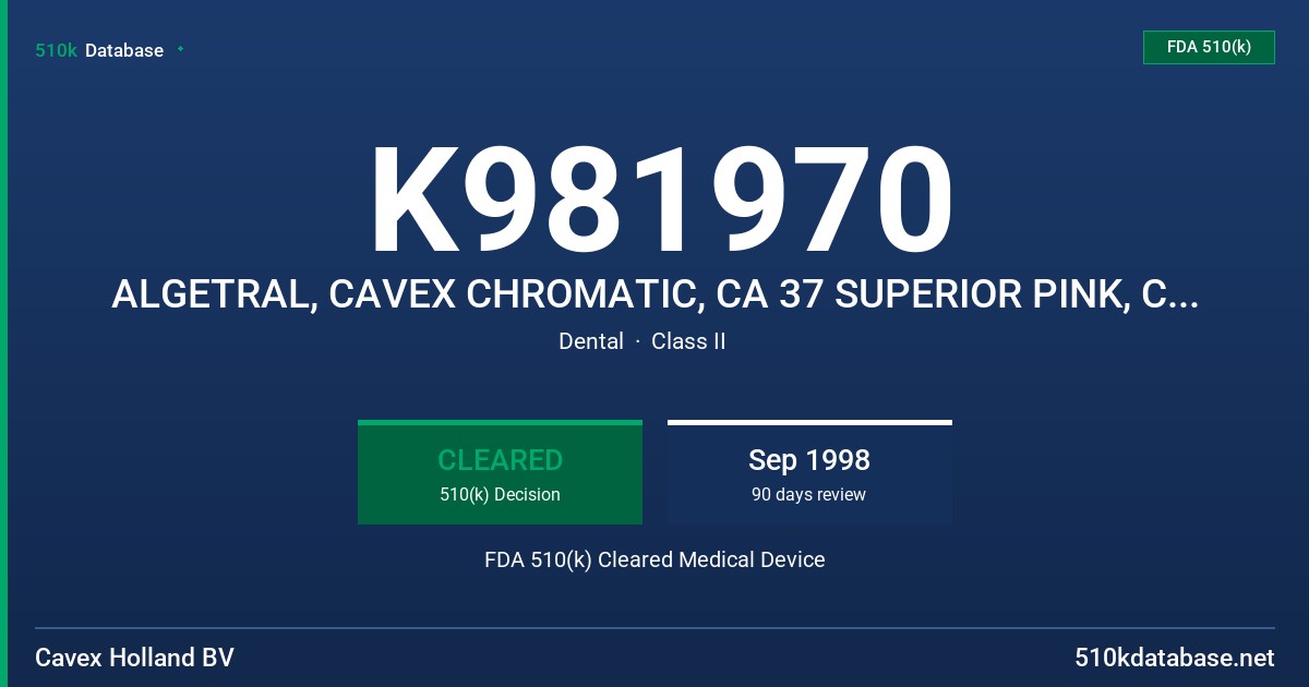 K981970 ALGETRAL, CAVEX CHROMATIC, CA 37 SUPERIOR PINK, CA 37 FAST SET, CAVEX RAINBOW, CAVEX IMPRESSIONAL NORMAL SETTING, CAVEXI FDA 510(k) Cleared Medical Device