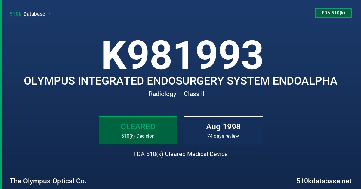 K981993 OLYMPUS INTEGRATED ENDOSURGERY SYSTEM ENDOALPHA FDA 510(k) Cleared Medical Device