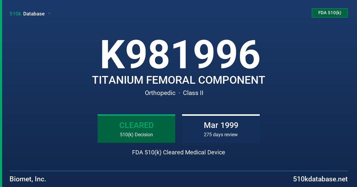K981996 TITANIUM FEMORAL COMPONENT FDA 510(k) Cleared Medical Device