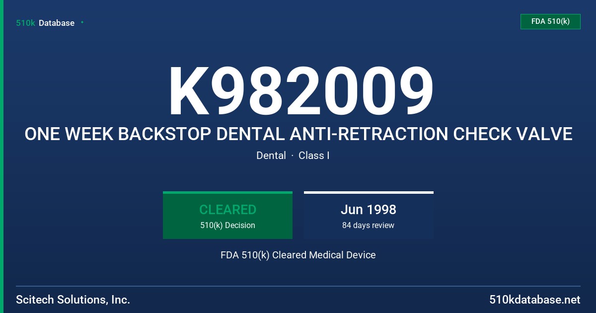 K982009 ONE WEEK BACKSTOP DENTAL ANTI-RETRACTION CHECK VALVE FDA 510(k) Cleared Medical Device