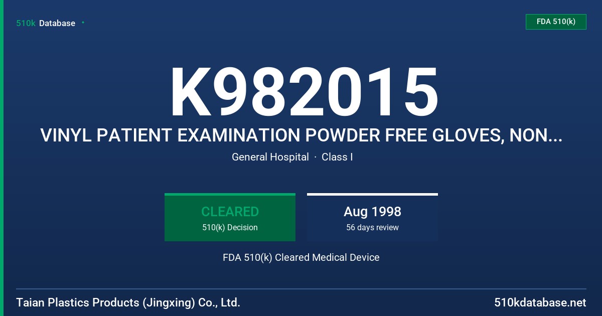K982015 VINYL PATIENT EXAMINATION POWDER FREE GLOVES, NON-STERILE FDA 510(k) Cleared Medical Device