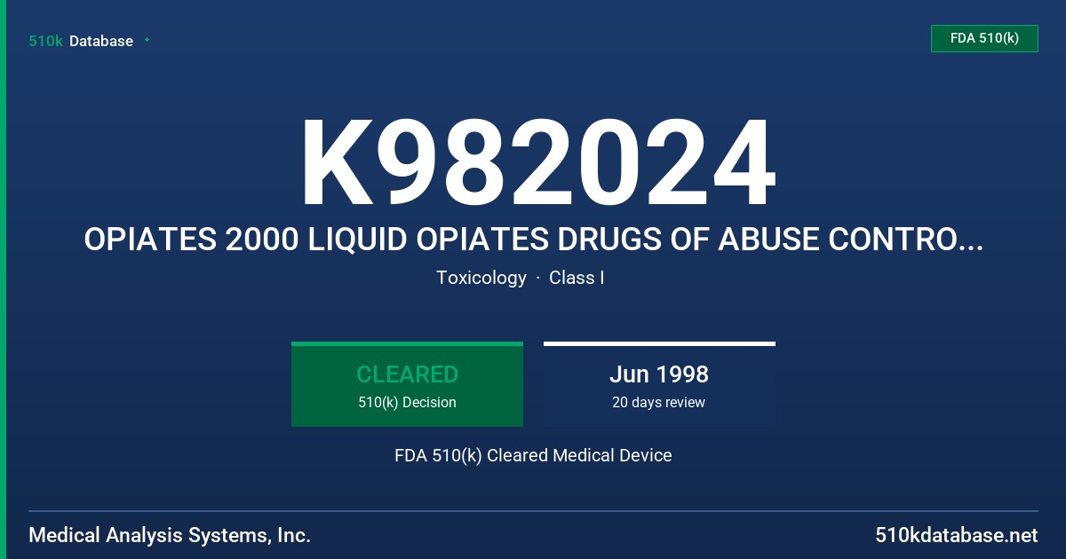 K982024 OPIATES 2000 LIQUID OPIATES DRUGS OF ABUSE CONTROL LEVELS 2 AND 3 FDA 510(k) Cleared Medical Device