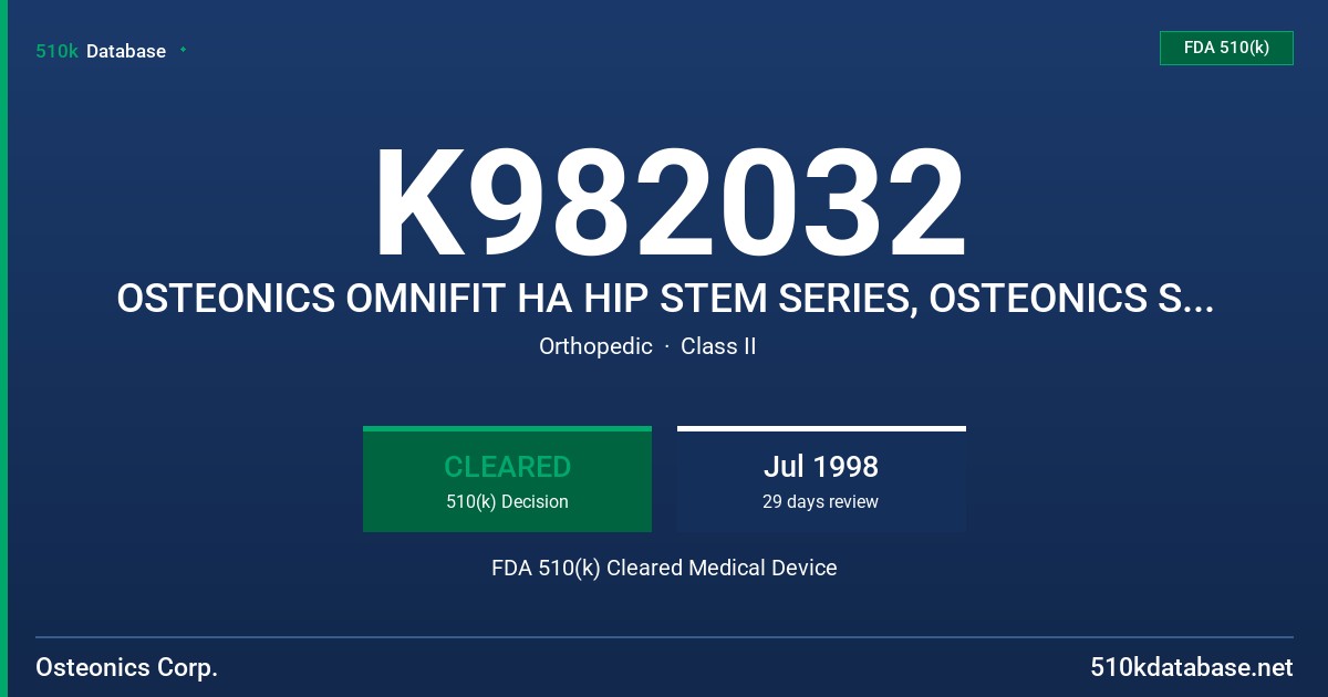 K982032 OSTEONICS OMNIFIT HA HIP STEM SERIES, OSTEONICS SECUR-FIT HA HIP STEM SERIES, OSTEONICS PRIMARY SECUR-FIT PLUS HIP STEMS FDA 510(k) Cleared Medical Device