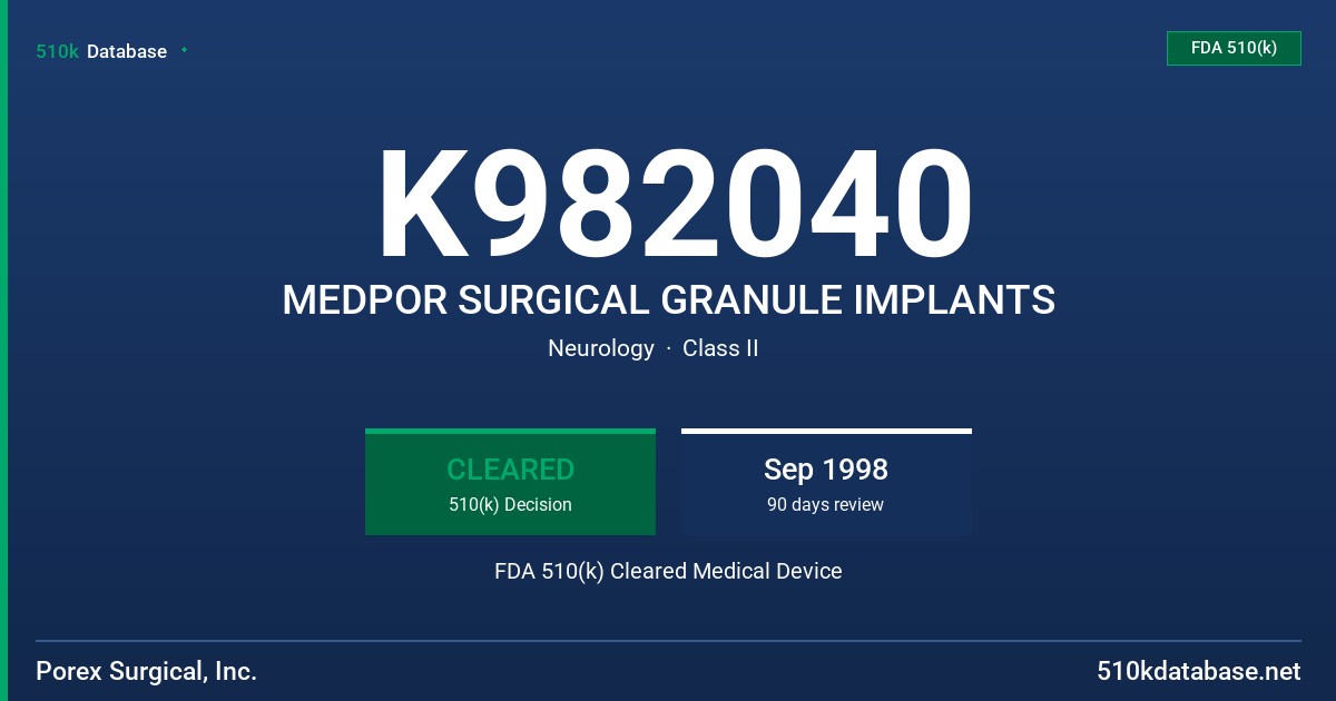 K982040 MEDPOR SURGICAL GRANULE IMPLANTS FDA 510(k) Cleared Medical Device