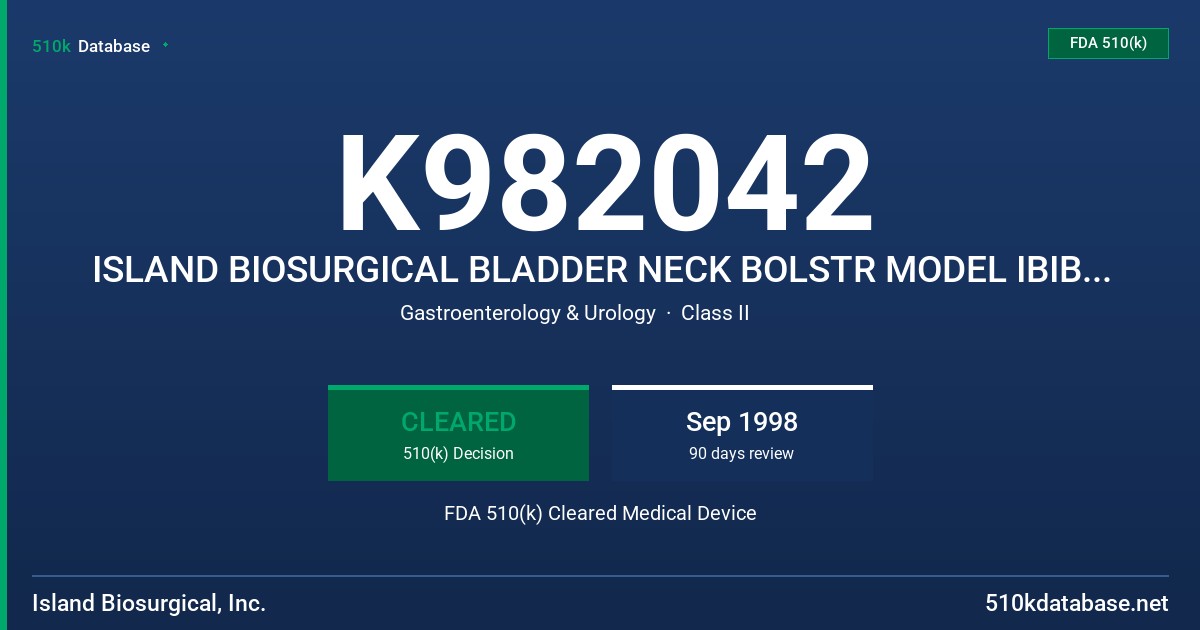 K982042 ISLAND BIOSURGICAL BLADDER NECK BOLSTR MODEL IBIBOL.002 FDA 510(k) Cleared Medical Device