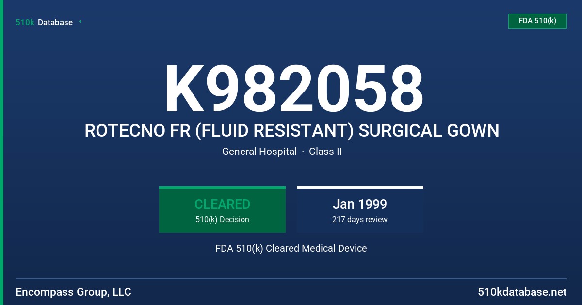 K982058 ROTECNO FR (FLUID RESISTANT) SURGICAL GOWN FDA 510(k) Cleared Medical Device